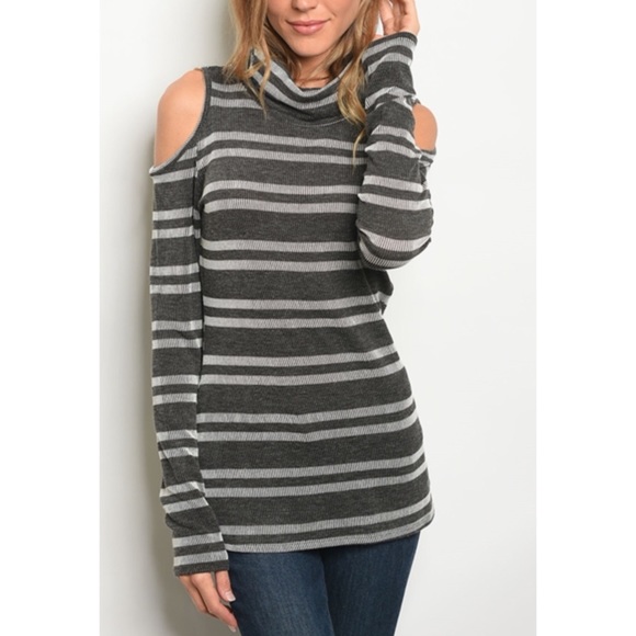 Tops - Just Arrived!  Charcoal Cold Shoulder Stripe Top